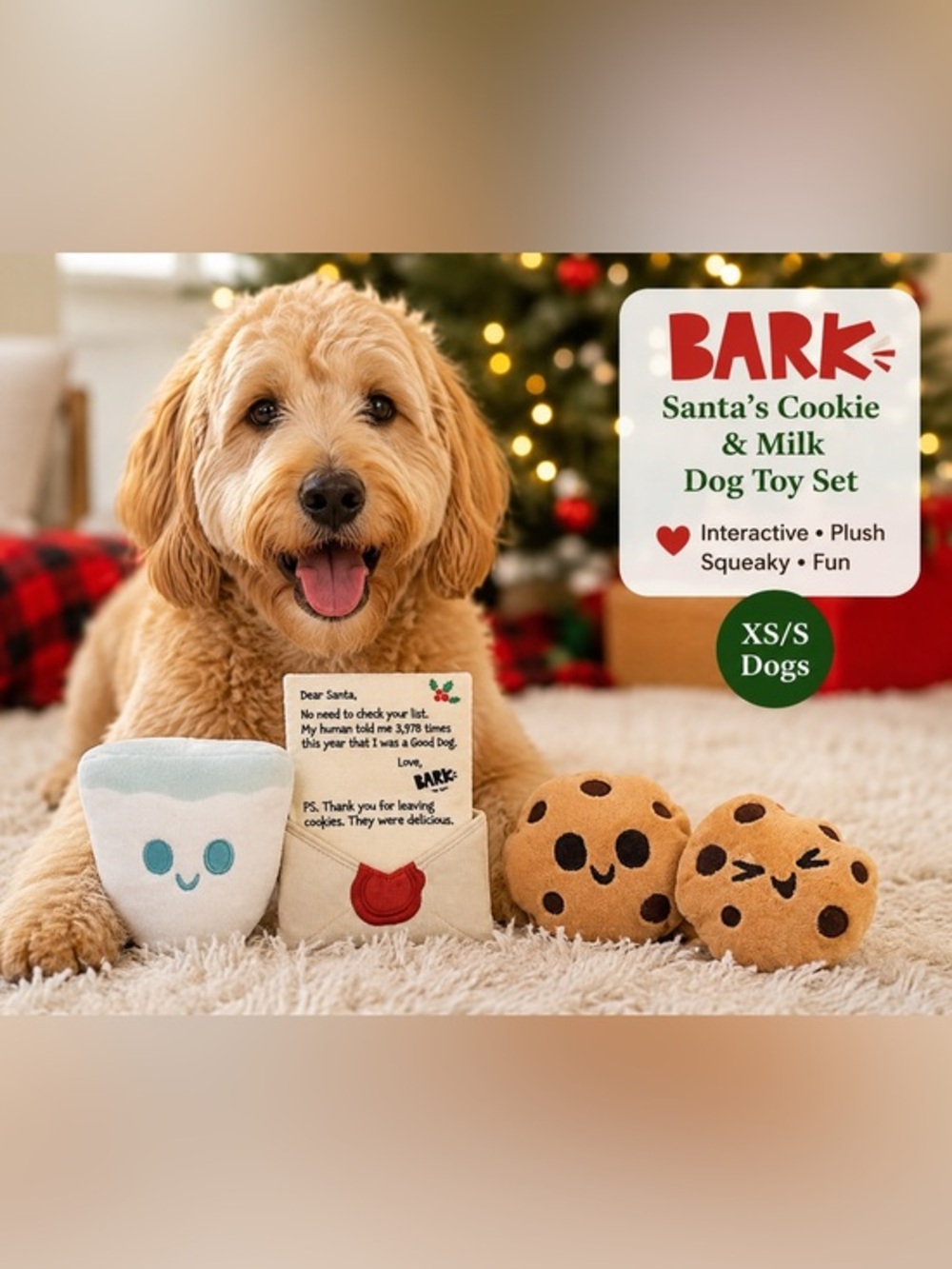 BARK Santa’s Cookie & Milk Interactive Plush Dog Toy Set NWT XS/S